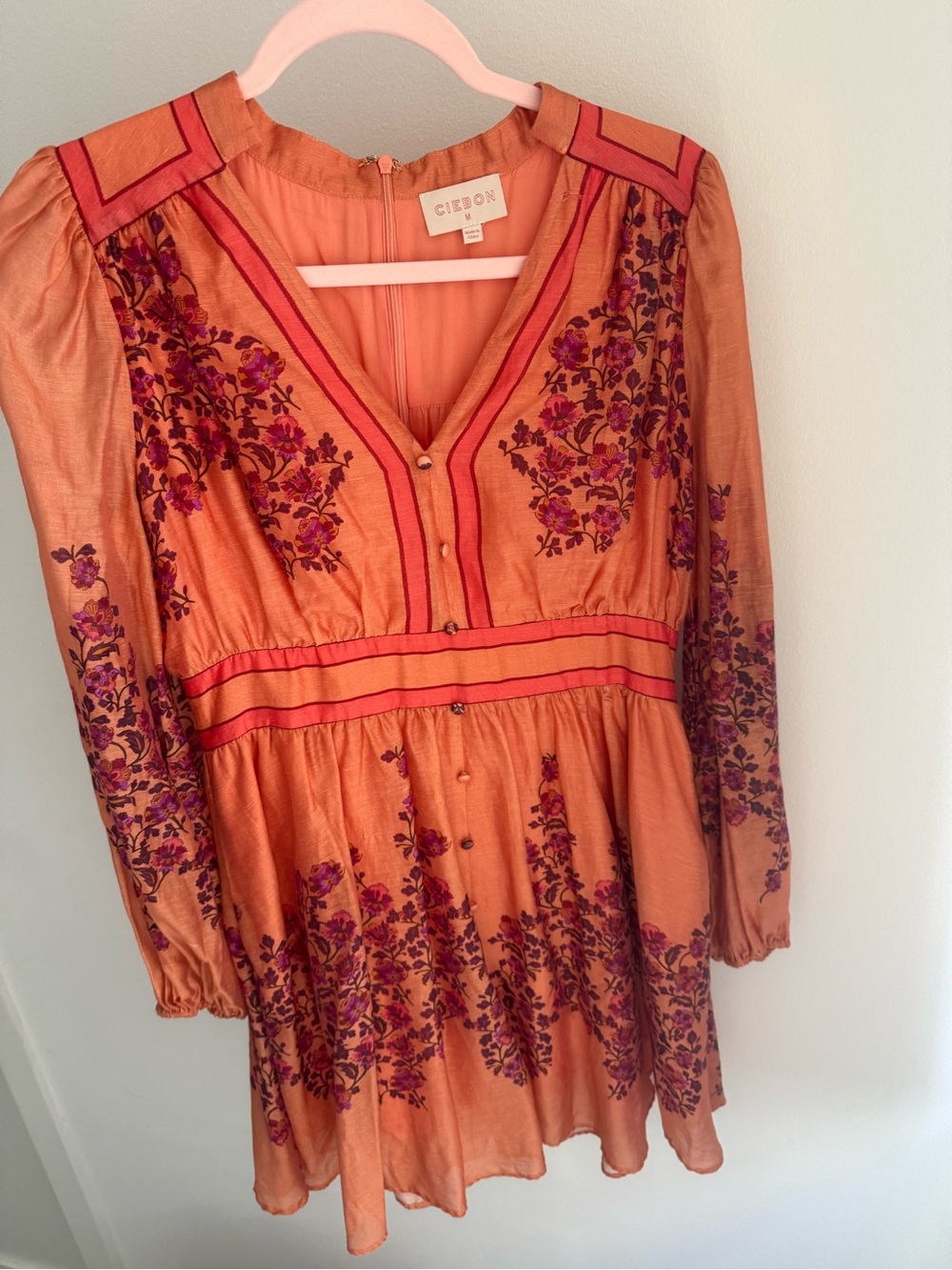 Gibson Look Orange Floral Long-Sleeve V-Neck Dress Zimmermann Style Size M